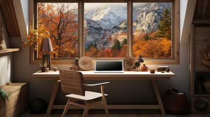 Poster mock up in home interior background, home office, Scandi-boho style, 3d render. Created with generative ai.