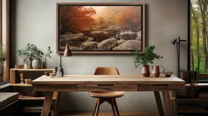 Poster mock up in home interior background, home office, Scandi-boho style, 3d render. Created with generative ai.