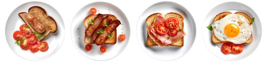 Toast bread with pork belly, egg, ham, sausage on white plate, top view with transparent background, smooth blur edge, Generative AI - obrazy, fototapety, plakaty