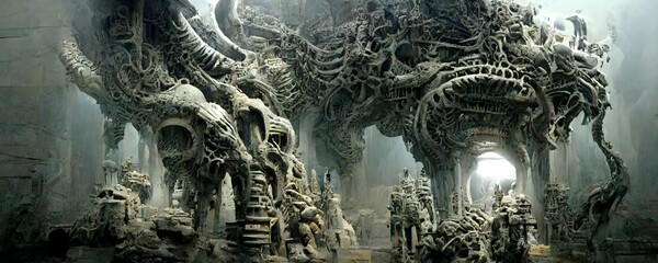 colossal enclosed biomechanical environment bizarre statues and architecture throne chamber of a goliath malevolent machine god dragon hostile atmosphere deathcore lighting warped machinery and 