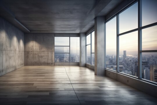 Interior of a mysterious, vacant room with three narrow liniar windows providing a city view, concrete walls, and a wooden floor. Generative AI