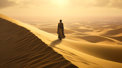 a lonely nomad walking in the desert landscape with dunes and patterns of sand, fictional landscape created with generative ai