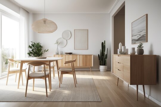 Interior of a bright living room with four seats, a dining table, a sideboard, a carpet, and an oak parquet floor. minimalist design principle. a relaxed setting for meetings. Generative AI