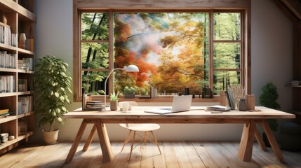 Obraz premium Poster mock up in home interior background, home office, Scandi-boho style,&nbsp;3d&nbsp;render. Created with generative ai.