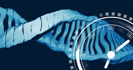 Animation of ticking clock icon over spinning dna structure against blue background - Powered by Adobe