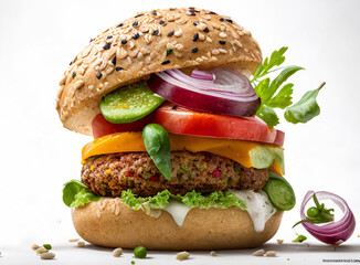 vegan burger with vegetables on a white background, vegan lifestyle 