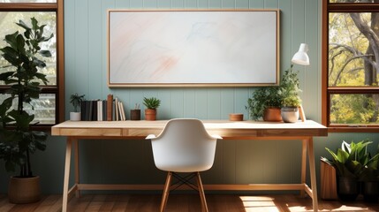 Poster mock up in home interior background, home office, Scandi-boho style, 3d render. Created with generative ai.