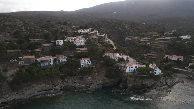 Aerial landscape view of village of Cadaques and surrounding nature in Catalonia Spain
