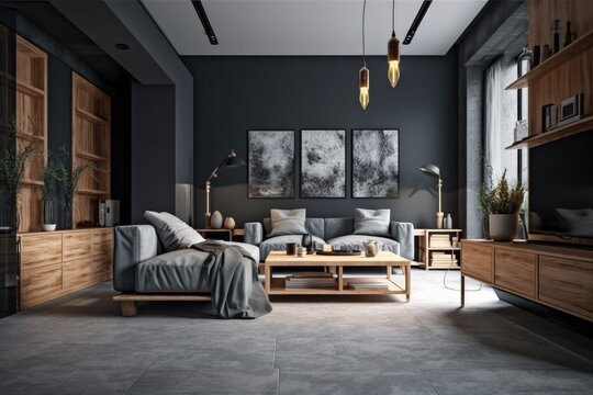 interior design in a contemporary dark grey, 2021 color palette,. Generative AI