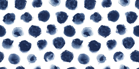 Hand painted polka dots in dark indigo. Seamless pattern.  © Anya D