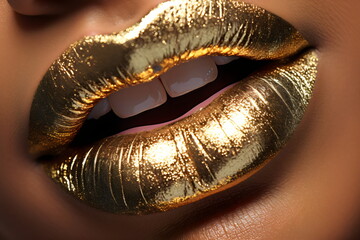 close up of metallic gold parted lips and pale skin created with generative ai	