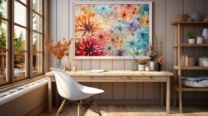 Fototapeta premium Poster mock up in home interior background, home office, Scandi-boho style,&nbsp;3d&nbsp;render. Created with generative ai.