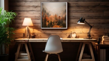 Poster mock up in home interior background, home office, Scandi-boho style, 3d render. Created with generative ai.