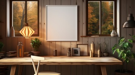 Poster mock up in home interior background, home office, Scandi-boho style, 3d render. Created with generative ai.