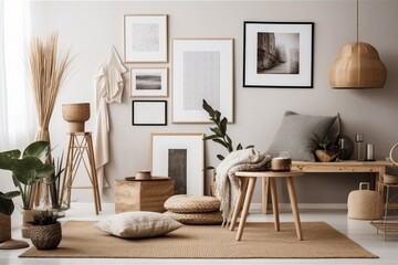 Interior design of a Scandinavian living room with a chic wooden stool, mock up picture frames, book, water can, decoration, cacti, and personal items in a retro style. Template. Generative AI