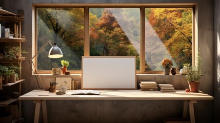Fototapeta premium Poster mock up in home interior background, home office, Scandi-boho style,&nbsp;3d&nbsp;render. Created with generative ai.