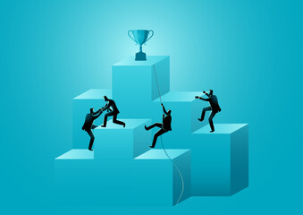 Business people trying to climb the bar chart for the trophy, competition, promotion in business concept