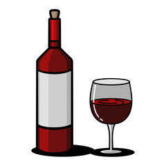 Doodle art of wine bottle and glass, outline vector illustration isolated on white