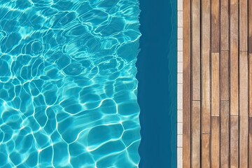 Poolside paradise. Top view of an empty outdoor pool with wooden board on beautiful relaxing background