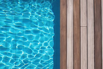 Poolside paradise. Top view of an empty outdoor pool with wooden board on beautiful relaxing background