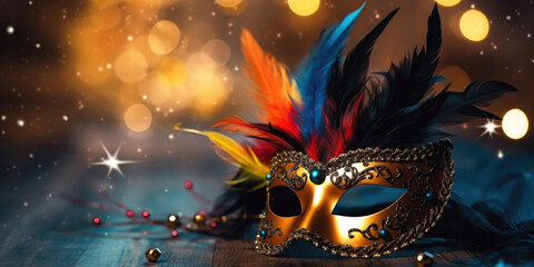 Carnival Party. Venetian mask banner with defocused bokeh lights. AI generative