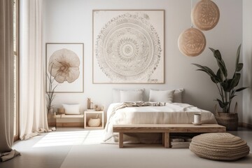 interior design mock up of artwork. A contemporary home in boho style with a poster template. Generative AI © Lasvu