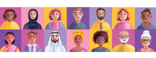 Obraz na płótnie Canvas 3D people diverse avatar, multicultural inclusion vector group, cartoon happy equal community. Man woman character, representation business team, professional teamwork communication. People avatar