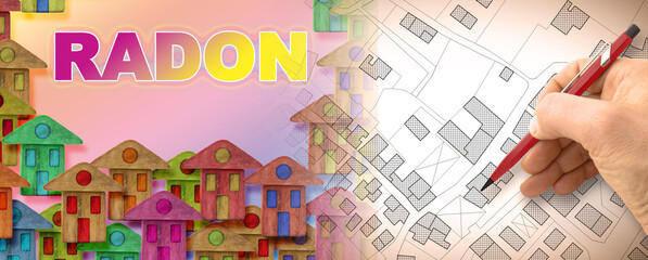 The danger of radon gas in our homes - concept image with an imaginary city map of territory
