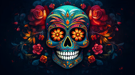 Day of the dead traditional skull with flowers on dark background. Dia de los muertos floral skull. Holiday banner with the skull created for postcard, poster, web site, greeting invitation. AI