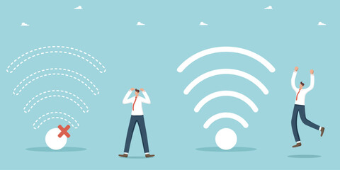 Free wi-fi hotspot, wi-fi bar, public internet access area, work or home network, internet addiction, one man is shocked by the lack of internet, second man rejoices at free high-speed wifi available.