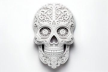 3D model of white Sugar Skull with floral ornament ready to be colored. Traditional day of the dead skull model to be painted into the colors of the holiday. Dia de los muertos concept. AI generated