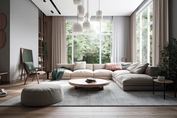 Interior of a modern living room in a real house. Generative AI