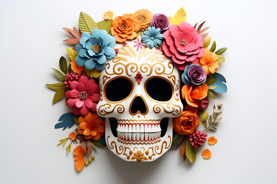 Day of the dead traditional white flower skull. Dia de los muertos skull with flowers on white background. Holiday banner with the skull created for postcard, poster, web site, greeting invitation. AI