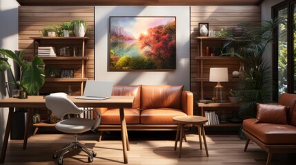 Poster mock up in home interior background, home office, Scandi-boho style, 3d render. Created with generative ai.
