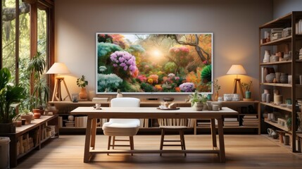 Poster mock up in home interior background, home office, Scandi-boho style,&nbsp;3d&nbsp;render. Created with generative ai.