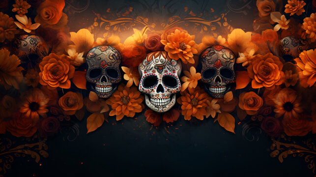 Day of the dead dark background with Sugar Skulls. Holiday banner with traditional dia de los muertos skull for postcard, poster, web site, greeting invitation with Copy Space. AI generated