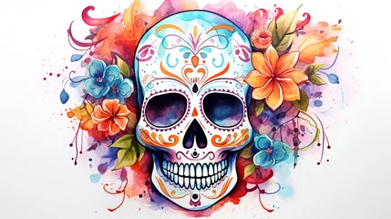 Foto auf Acrylglas Aquarellschädel Day of the dead traditional skull, watercolor. Dia de los muertos skull with flowers on white background. Holiday banner with the skull created for postcard, poster, web site, greeting invitation. AI