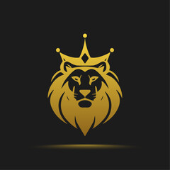 Gold crown lion head logo and icon vector. Golden lion face logo design.