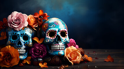 Day of the dead dark background with traditional skull masks and flowers, front view. Holiday banner with dia de los muertos skulls for postcard, poster, web site, greeting invitation. Copy Space. AI