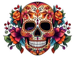Photo sur Plexiglas Crâne aquarelle Day of the dead traditional white flower skull. Dia de los muertos skull with flowers on white background. Holiday banner with the skull created for postcard, poster, web site, greeting invitation. AI