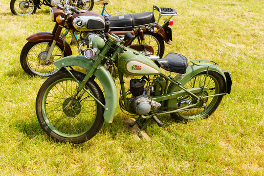 BSA Bantam motorbike produced between 1948 and 1971 on display at a vintage vehicle rally