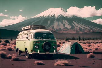 1970s campground popocatepetl volcano foothills large green camping tent partially collapsed VW van in the background photo style imagine faded  - obrazy, fototapety, plakaty
