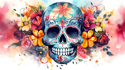 Day of the dead watercolor skull. Dia de los muertos aquarelle skull with flowers on white background. Holiday banner with the skull created for postcard, poster, web site, greeting invitation. AI