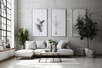 Interior of a room with a sofa, a plant, and empty picture frames against a wall of white brick. Generative AI