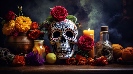 Day of the dead background with skull mask, candles and flowers, front view, close up. Holiday banner with dia de los muertos skull for postcard, poster, web site, greeting invitation. Copy Space. AI