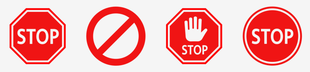 Red stop sign icon collection. Stop street sign. Stop hand sign with text flat icon for apps and websites isolated on white background.