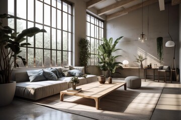 Interior design for a contemporary, light loft with large windows. Generative AI