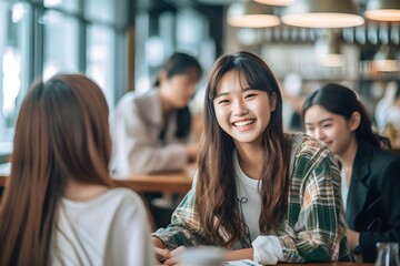 Obraz premium カフェで談笑する女性 with generative ai
