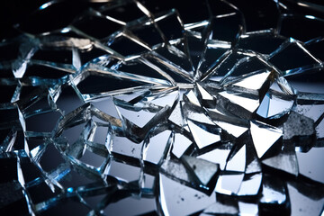 A large chunk of shattered mirror glass against a black background. Generative AI
