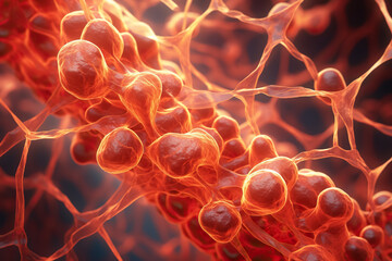 3D illustration of human cells, depicting a clot in the brain, rendered with intricate detail on a dark background. Generative AI